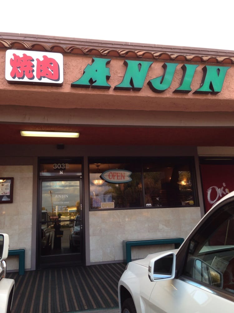 Anjin storefront with green sign and red kanji at 3033 Bristol Street in Costa Mesa